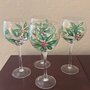 Set of 4 Hand-Painted Wine Stemware Glasses - Holiday/Christmas